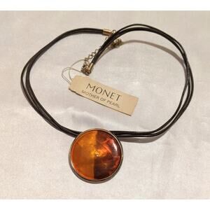 Vintage Monet Mother of Pearl Choker Cord Pendant Necklace Adjustable NOS